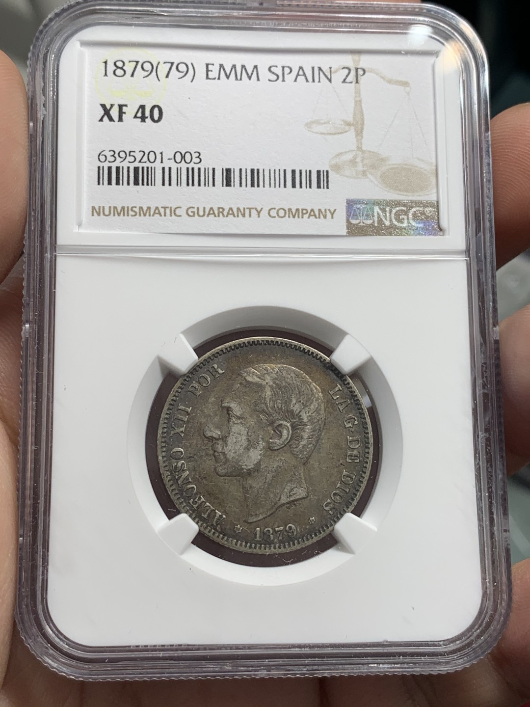 《竞宝斋》第83场-本周日，周一2场连拍（全场不限金额包邮） NGC-XF40 西班牙1879年 阿方索十二世2比塞塔双柱银币 稀少年份 更高分就三枚而已