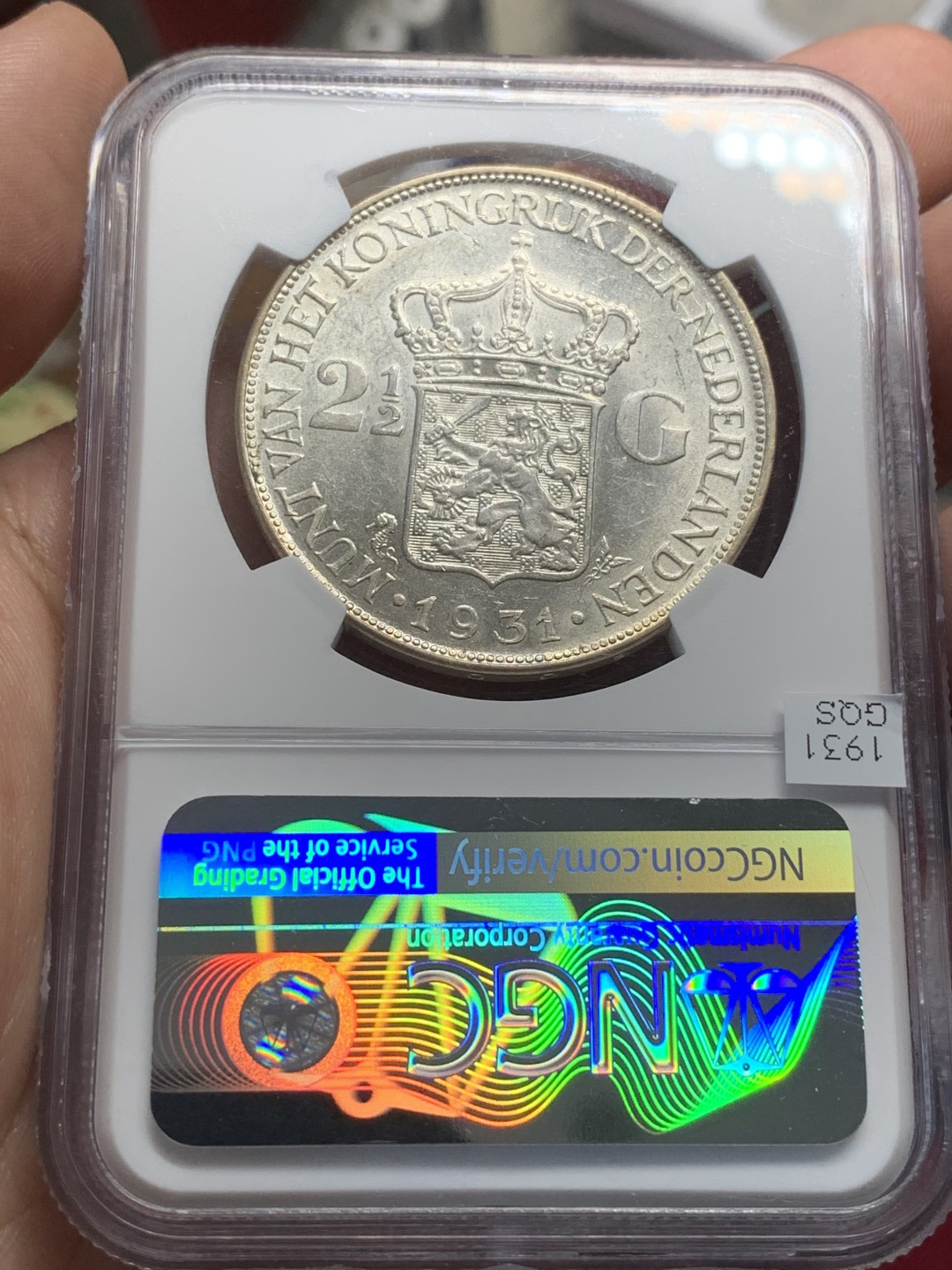 《竞宝斋》第83场-本周日，周一2场连拍（全场不限金额包邮） NGC AU55 荷兰 1931年 威廉明娜女王2.5盾 银币 状态不错 十字光好 低评