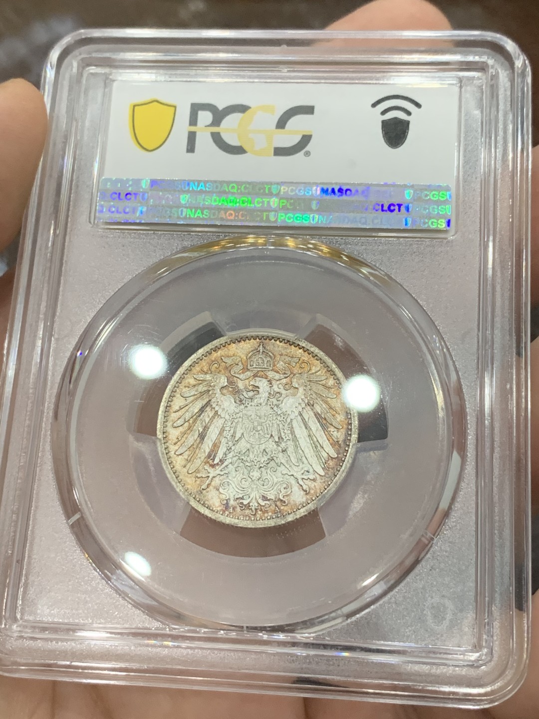 《竞宝斋》第83场-本周日，周一2场连拍（全场不限金额包邮） PCGS-MS67 德国1914-A年 1马克银币 带光 淡彩 一百多年的币 变态高分