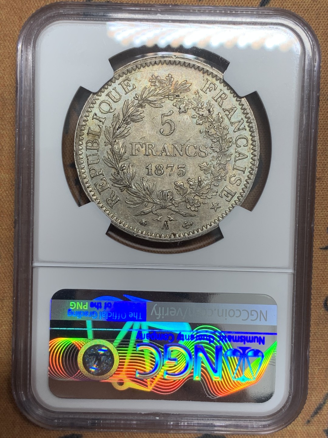 《竞宝斋》第83场-本周日，周一2场连拍（全场不限金额包邮） NGC-AU58 法国1873年 大力神5法郎大银币 细节一流 带光好品