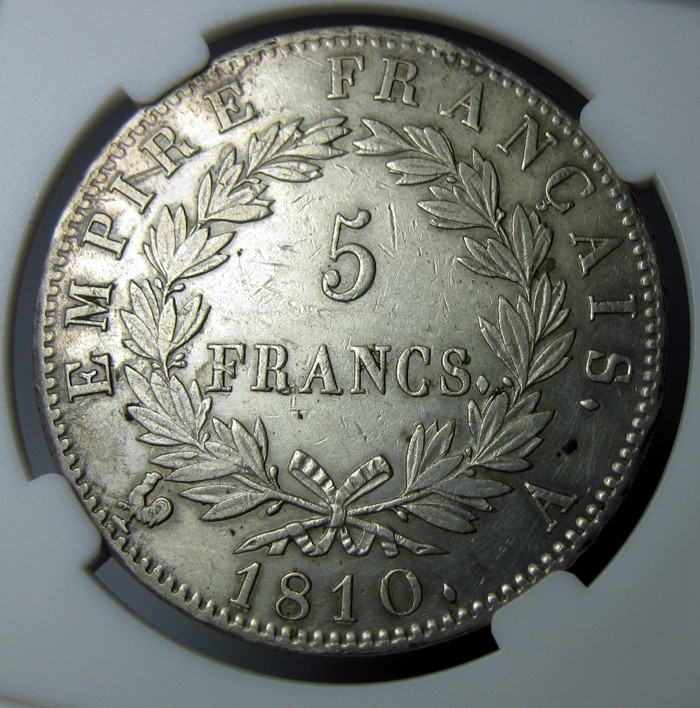 法国银币,1810A,拿破仑一世5法郎,36.5mm,24.94g,好品,自打标签盒子R1116jx