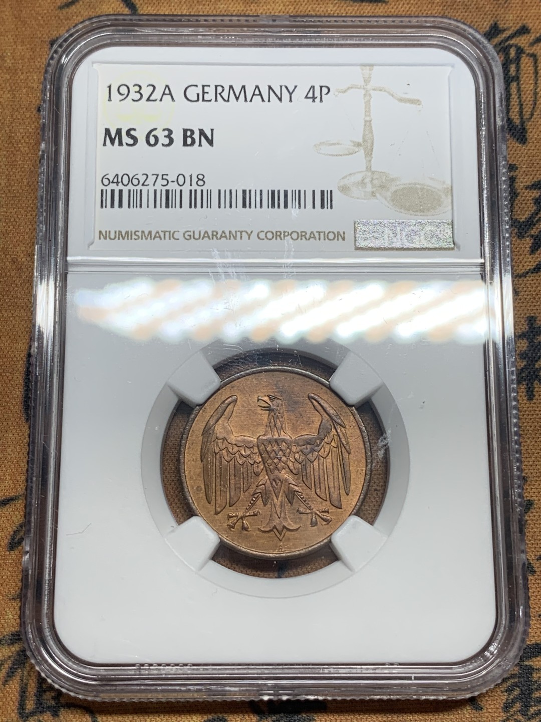 《竞宝斋》第83场-本周日，周一2场连拍（全场不限金额包邮） NGC-MS63 魏玛德国1932年4芬尼铜币