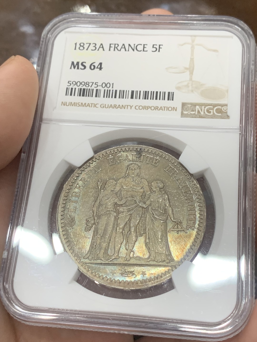 《竞宝斋》第83场-本周日，周一2场连拍（全场不限金额包邮） NGC MS64 1873年法国大力神5法郎银币 欧陆老彩包浆滴水未下 车轮转光 实物状态非常好