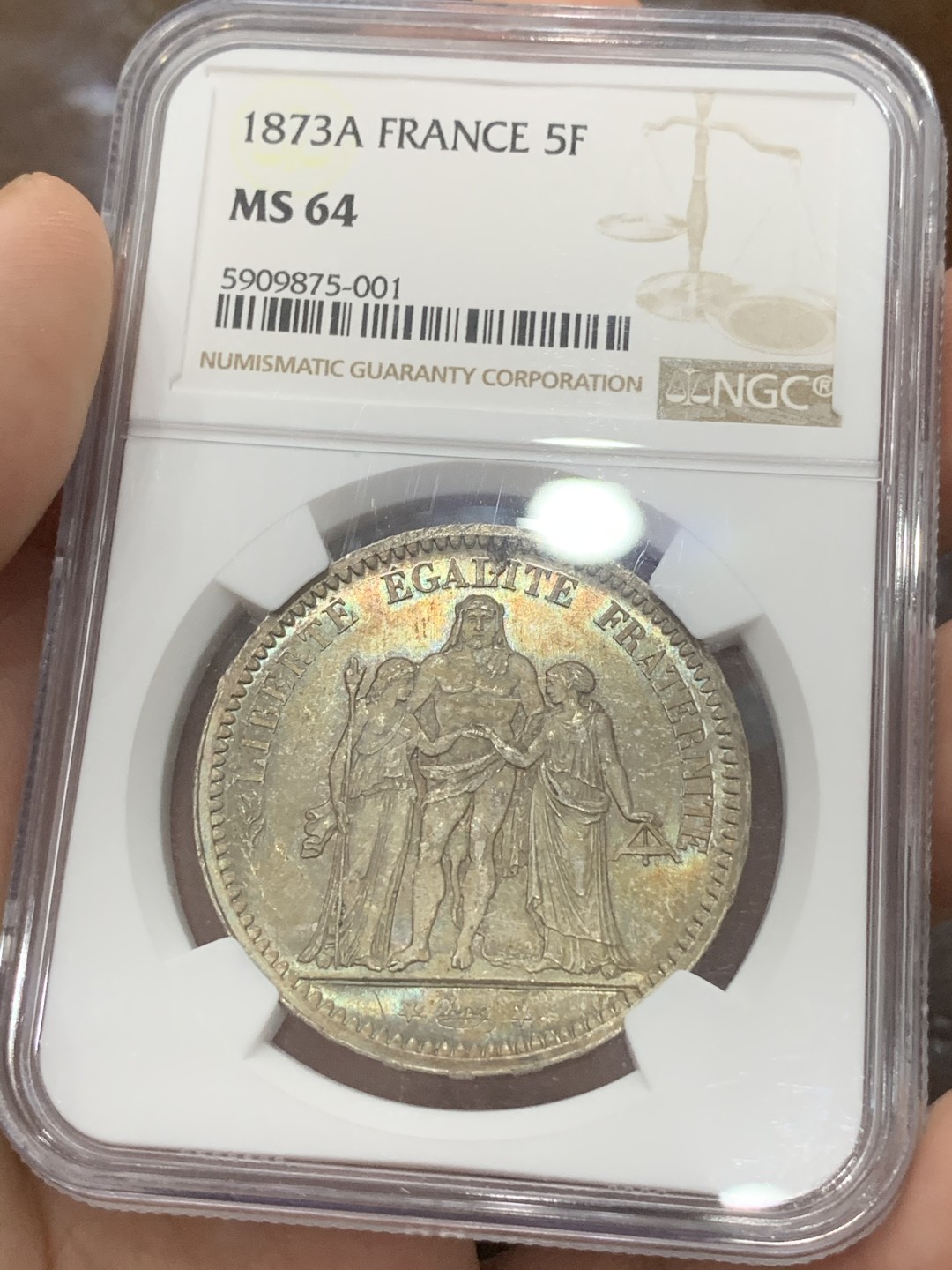 《竞宝斋》第83场-本周日，周一2场连拍（全场不限金额包邮） NGC MS64 1873年法国大力神5法郎银币 欧陆老彩包浆滴水未下 车轮转光 实物状态非常好