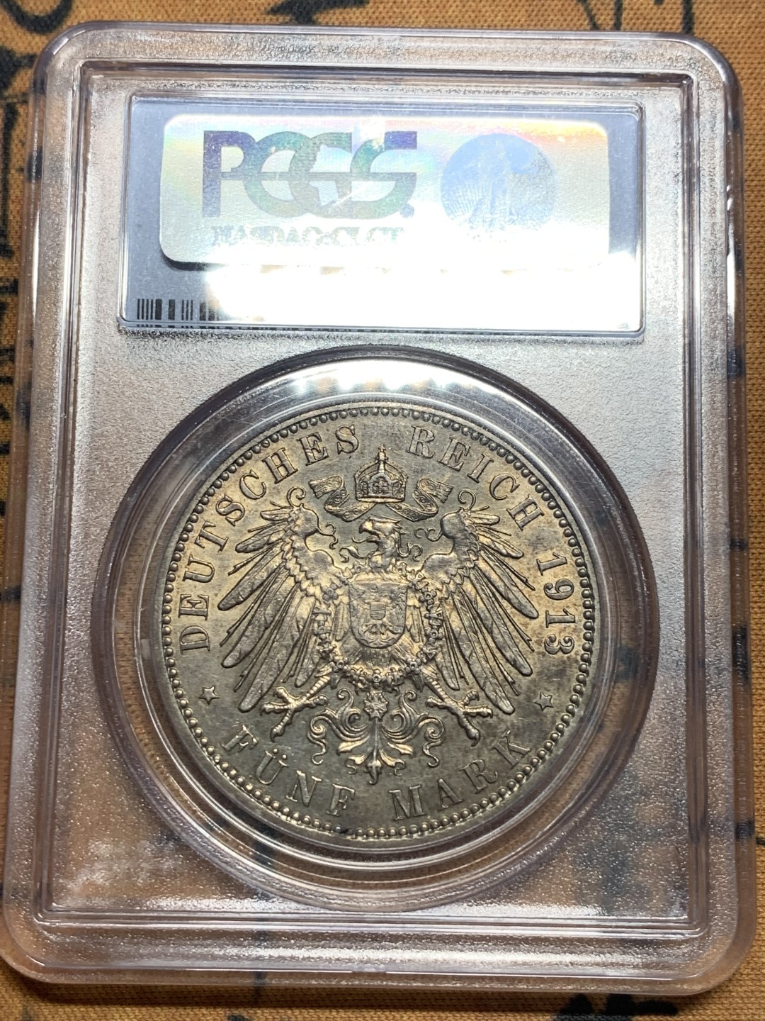 《竞宝斋》第83场-本周日，周一2场连拍（全场不限金额包邮） PCGS MS62 1913年 德国 汉堡 自由市5马克 银币 淡彩包浆 状态极好