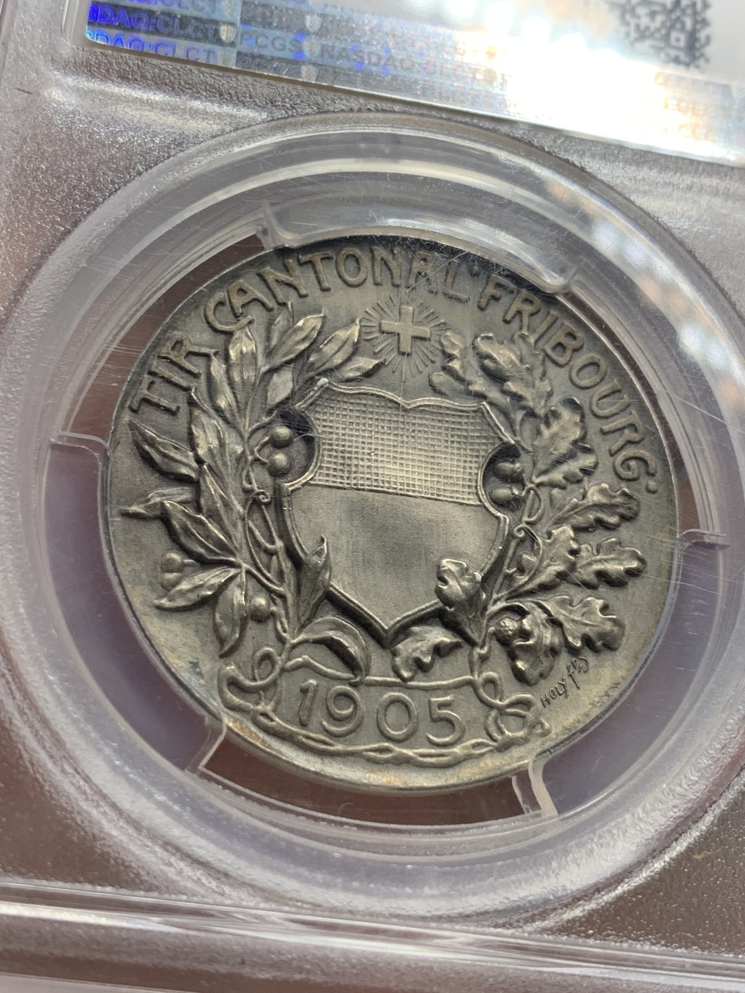 《竞宝斋》第83场-本周日，周一2场连拍（全场不限金额包邮） PCGS SP64 瑞士1905年弗里堡射击节女神城市景观高浮雕银章 精美大气 顶级品相