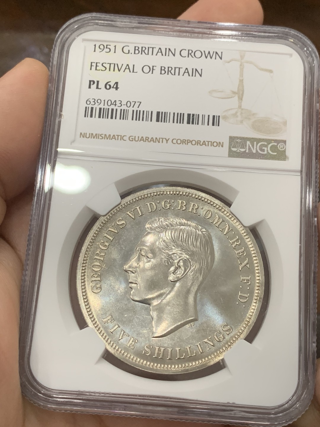 《竞宝斋》第83场-本周日，周一2场连拍（全场不限金额包邮） 英国 1951年乔治六世一克朗 NGC PL64 全银光好品相