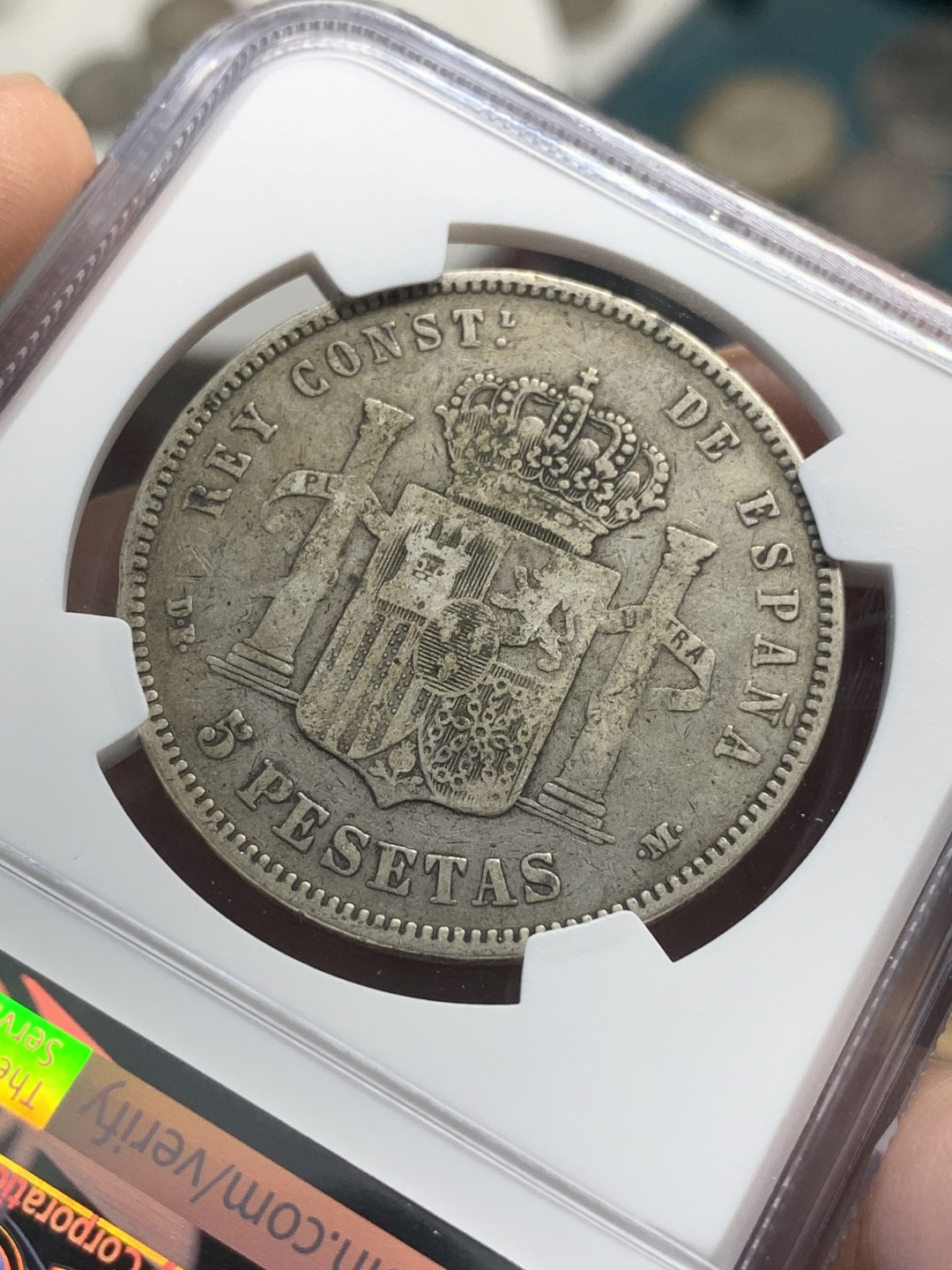 《竞宝斋》第83场-本周日，周一2场连拍（全场不限金额包邮） NGC-VF35 西班牙 1877年 5比塞塔 银币 