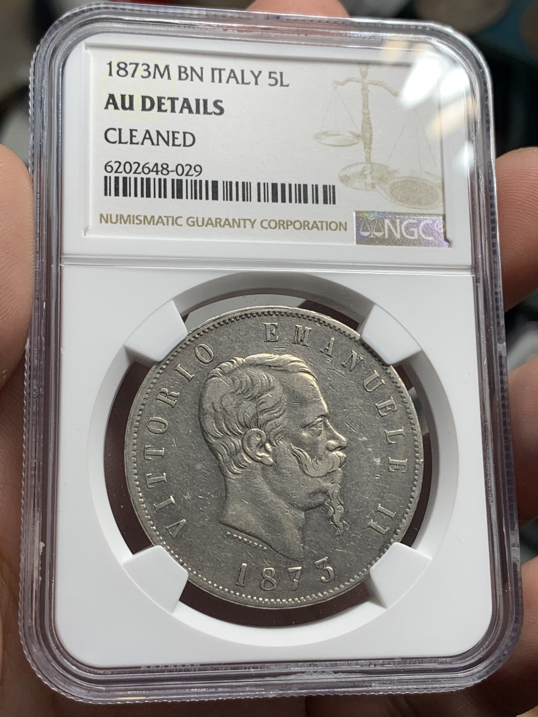 《竞宝斋》第83场-本周日，周一2场连拍（全场不限金额包邮） NGC AU评级 意大利 1873年 5里拉 银币 细节不错