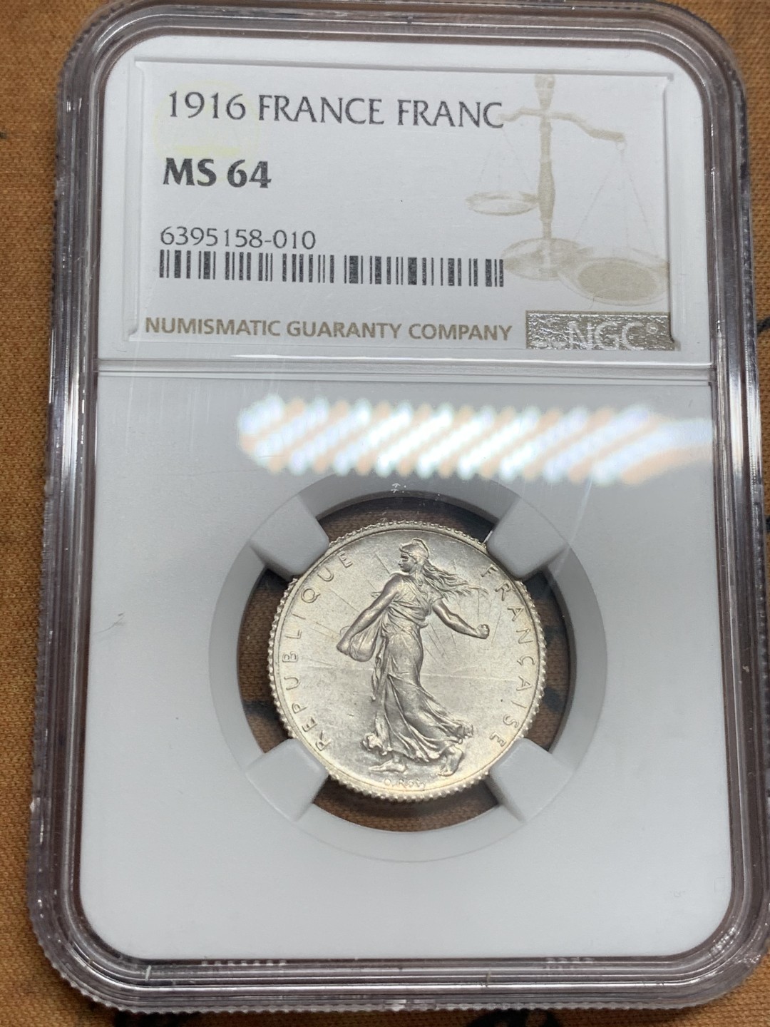 《竞宝斋》第83场-本周日，周一2场连拍（全场不限金额包邮） NGC-MS64 法国1916年 播种女神 1法郎银币 顶级原光好品