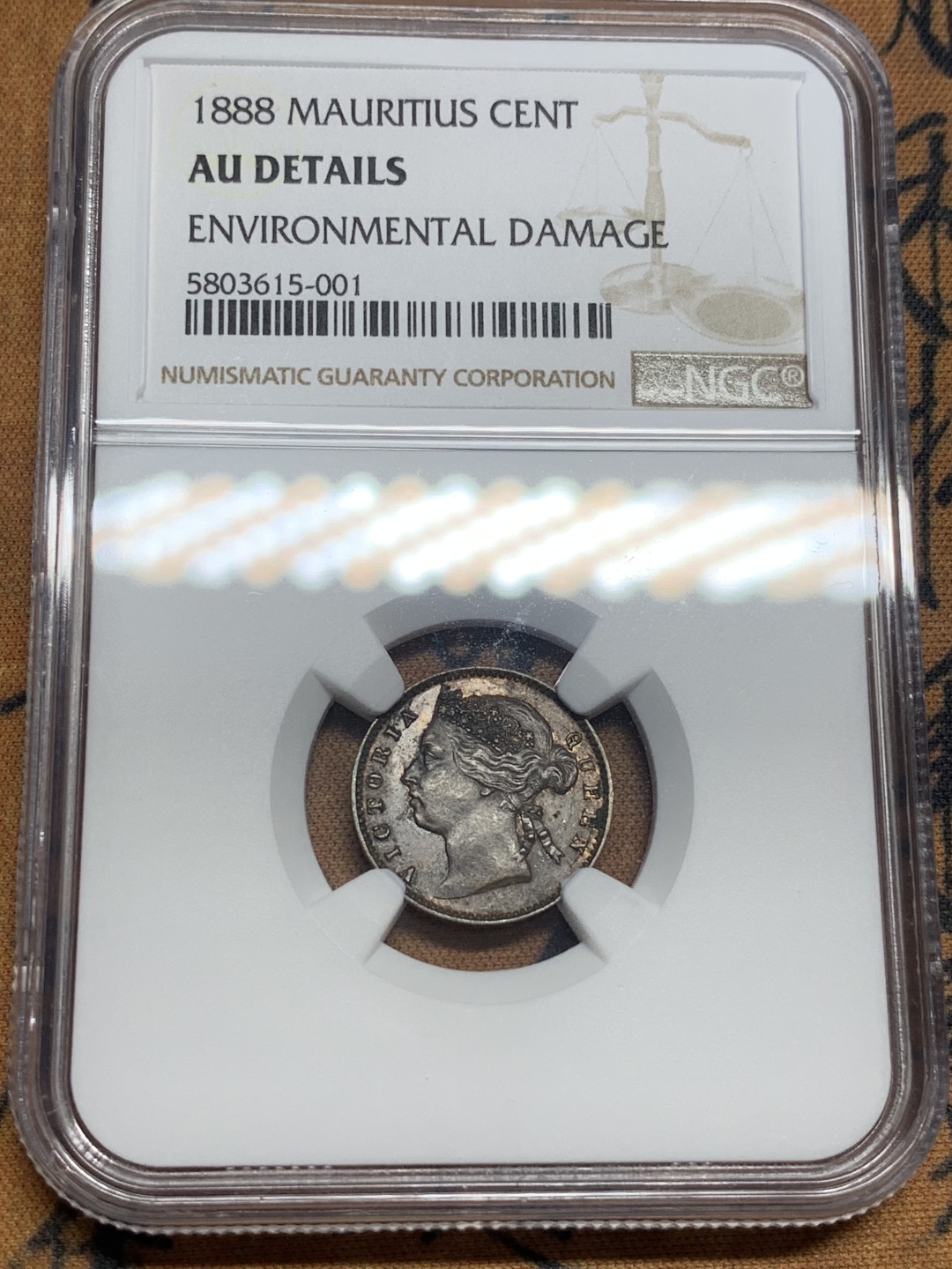 《竞宝斋》第83场-本周日，周一2场连拍（全场不限金额包邮） NGC AU 1888年 英属 毛里求斯 1分铜币 少见品种 细节很不错