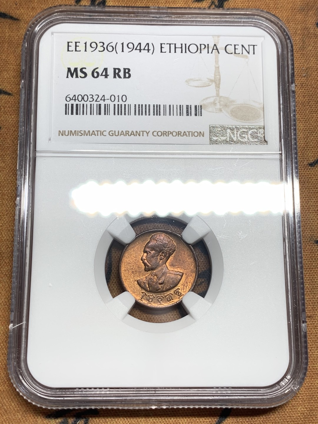 《竞宝斋》第83场-本周日，周一2场连拍（全场不限金额包邮） NGC-MS64RB 1944年埃塞俄比亚一分 狮子扛旗非常经典 64分的状态与铜色都非常漂亮