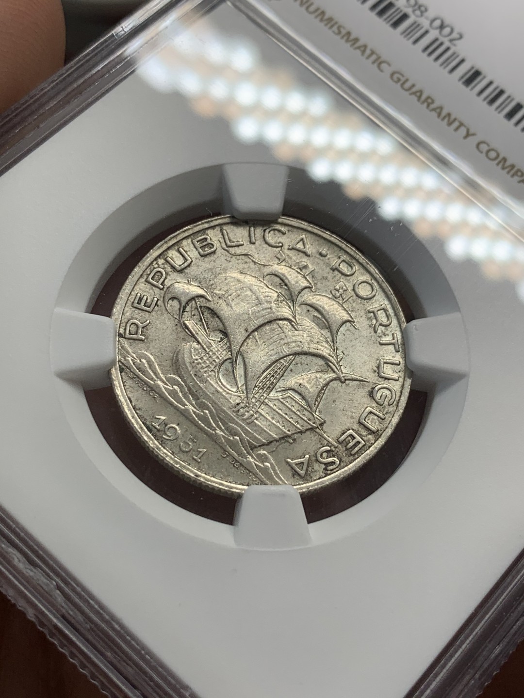 《竞宝斋》第83场-本周日，周一2场连拍（全场不限金额包邮） NGC-MS63 葡萄牙 1951年 大帆船5埃斯库多银币 顶级分数 一帆风顺