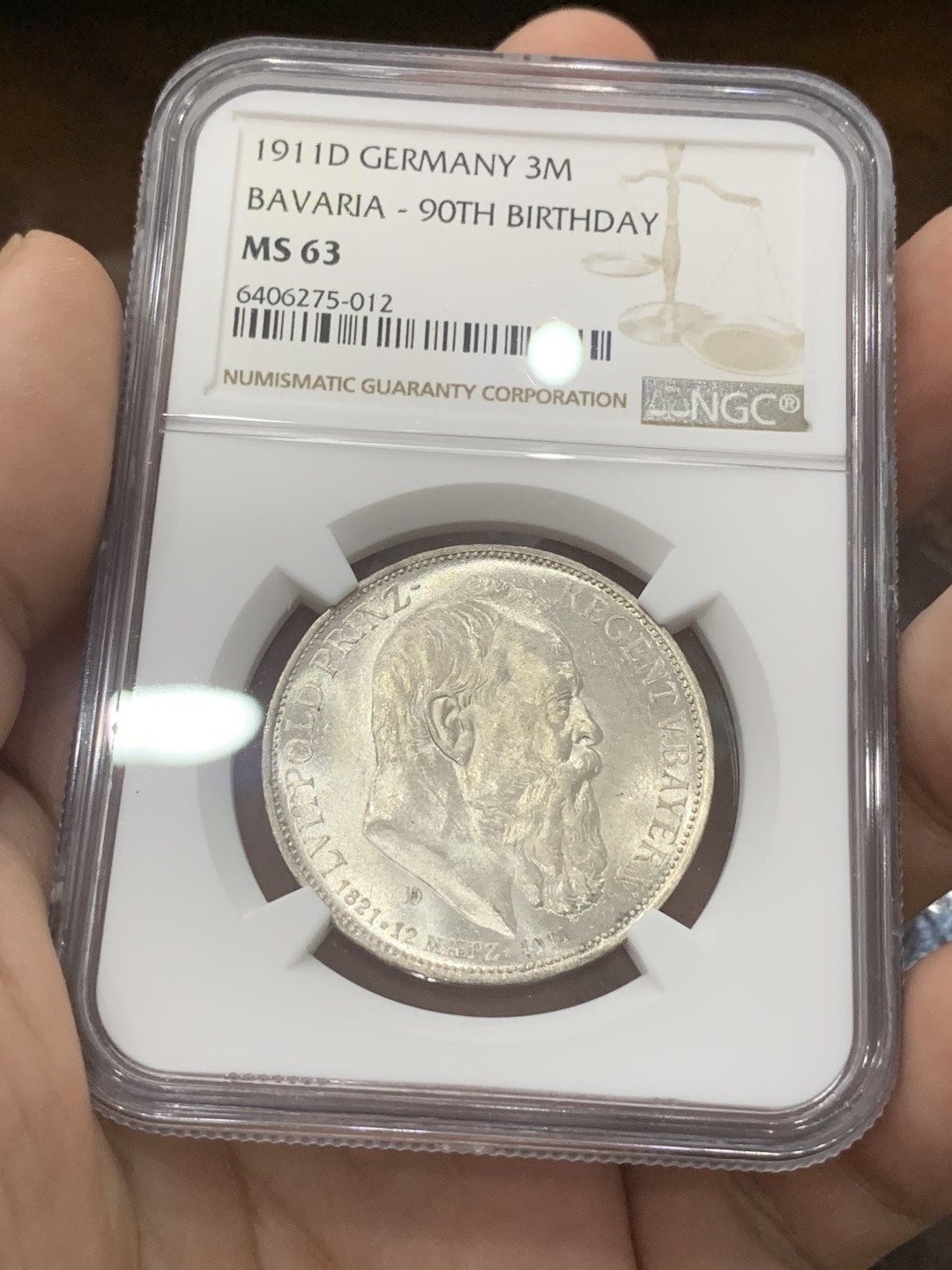 《竞宝斋》第83场-本周日，周一2场连拍（全场不限金额包邮） NGC-MS63 德国巴伐利亚1911年3马克银币