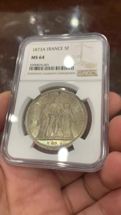 《竞宝斋》第83场-本周日，周一2场连拍（全场不限金额包邮） NGC MS64 1873年法国大力神5法郎银币 欧陆老彩包浆滴水未下 车轮转光 实物状态非常好