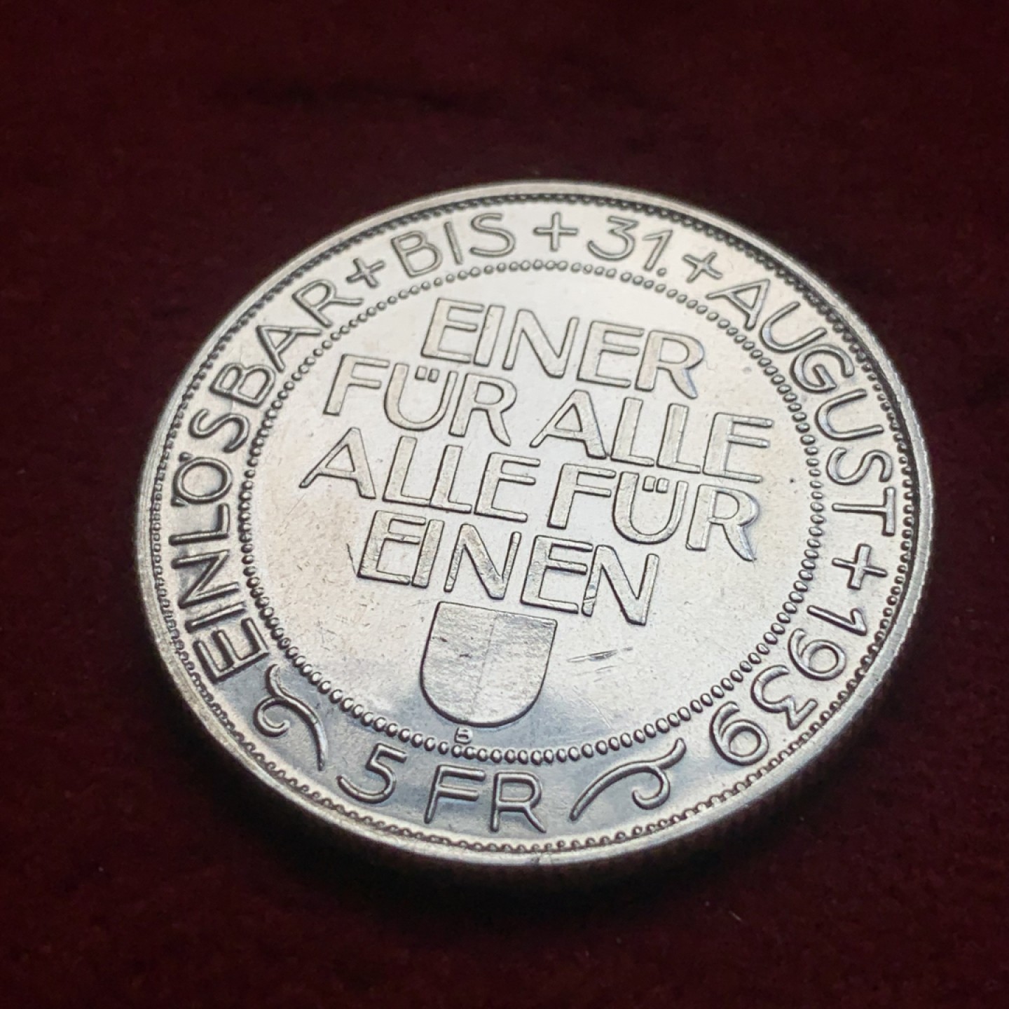 《竞宝斋》第84场-本周日，周一2场连拍（全场不限金额包邮） 瑞士 1939年 卢塞恩联邦射击节 狩猎5法郎银币 状态不错