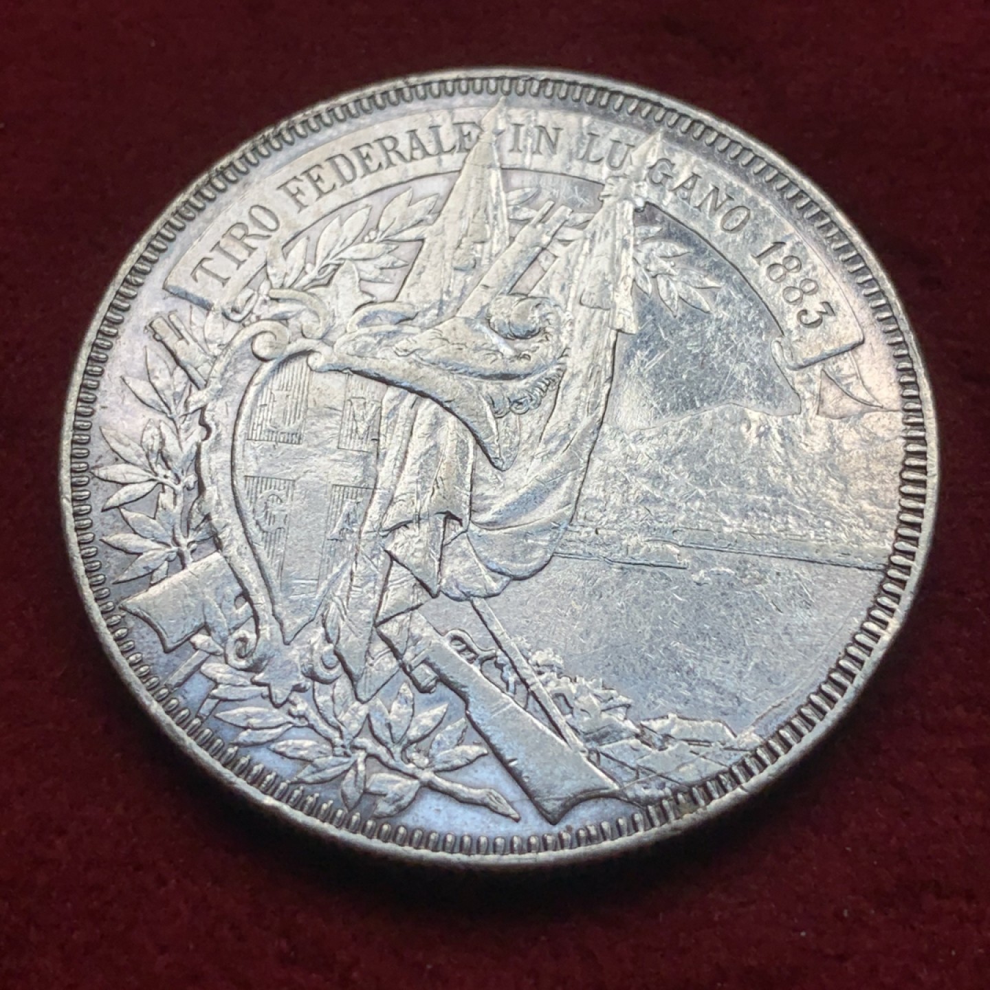 《竞宝斋》第84场-本周日，周一2场连拍（全场不限金额包邮） 瑞士 1883 卢加诺射击节 狩猎5法郎银币 流通好品