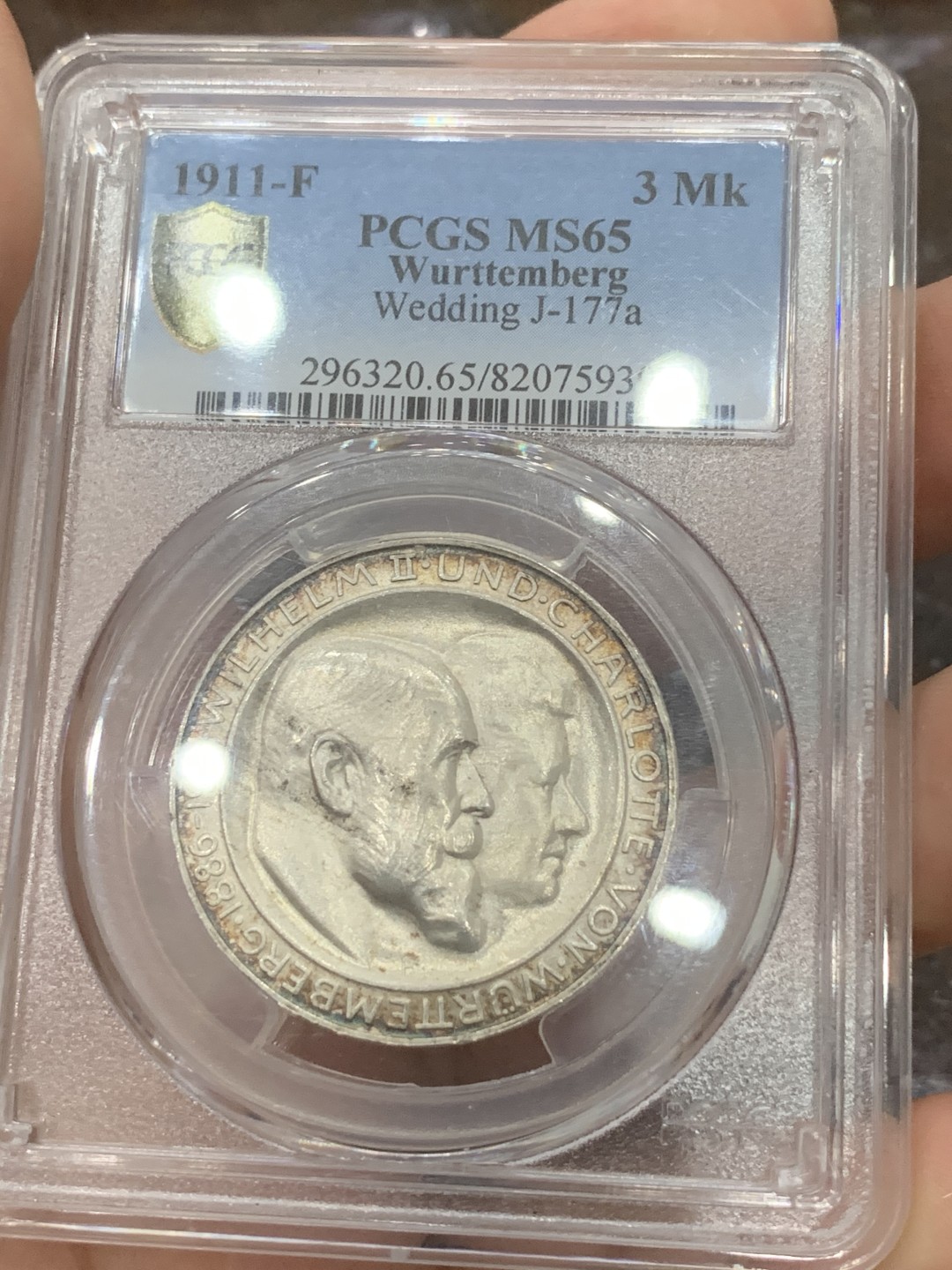 《竞宝斋》第84场-本周日，周一2场连拍（全场不限金额包邮） PCGS MS65 德国1911年 符腾堡环彩金婚3马克银币