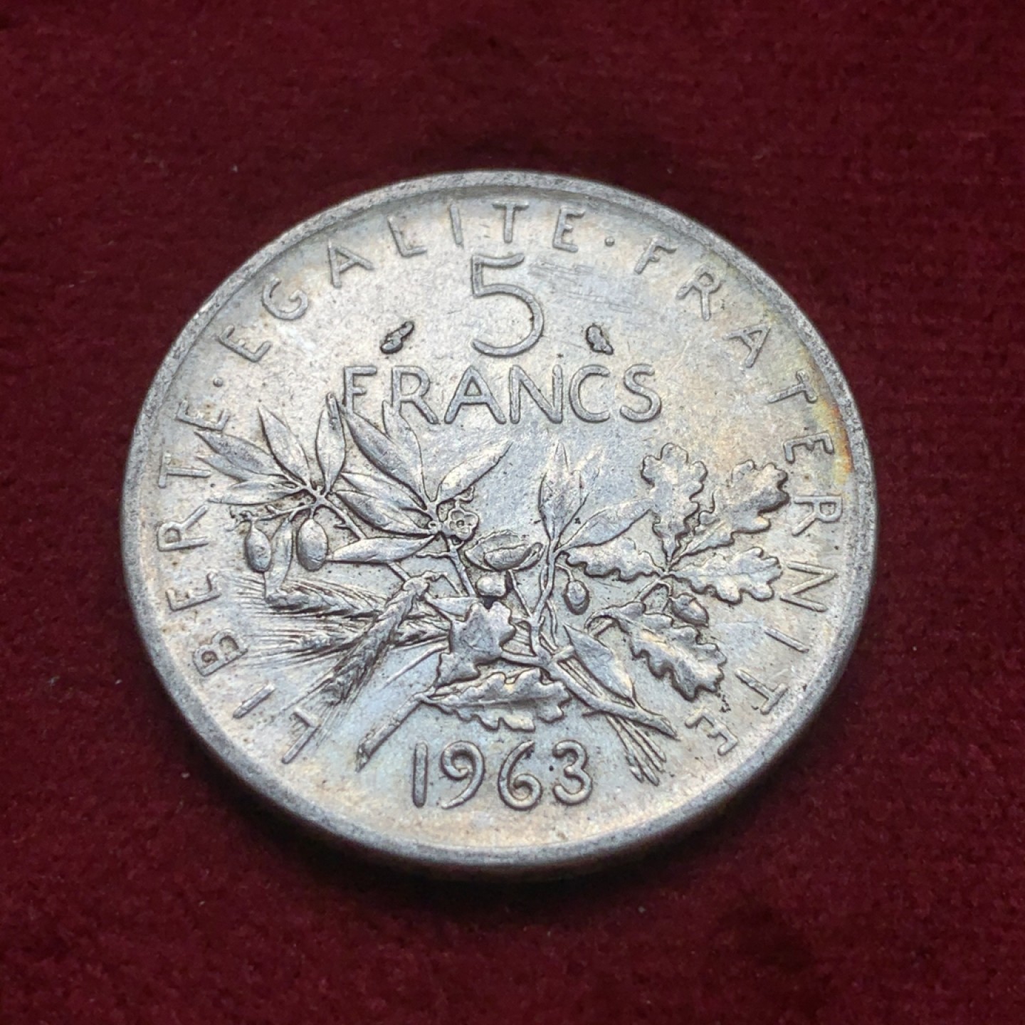 《竞宝斋》第84场-本周日，周一2场连拍（全场不限金额包邮） 法国 1963年 播种女神 5法郎 银币 原味包浆