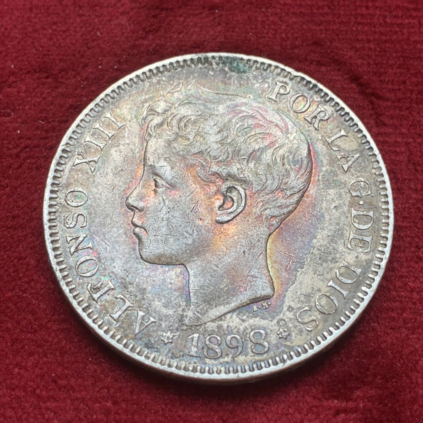 《竞宝斋》第84场-本周日，周一2场连拍（全场不限金额包邮） 西班牙 1898年 阿方索十三世 5比塞塔双柱 大银币 酱彩包浆 非常漂亮