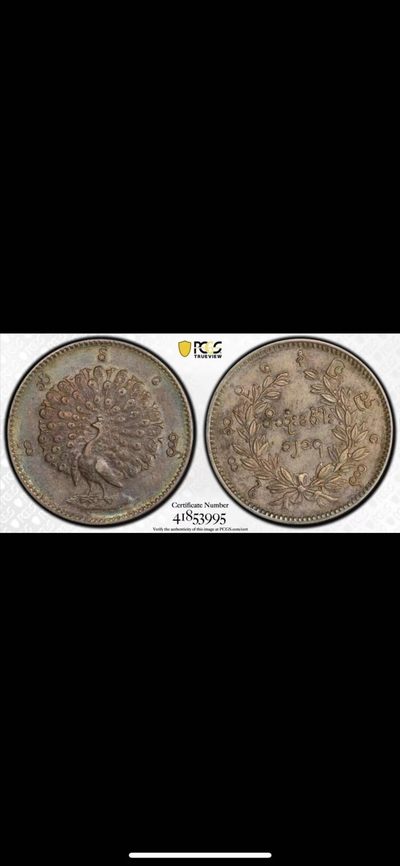 《竞宝斋》第84场-本周日，周一2场连拍（全场不限金额包邮） - PCGS-53 缅甸1852年五彩孔雀缅元 眼睛极为清晰 羽毛丰满 状态难得，五月SBP50分2万人民币