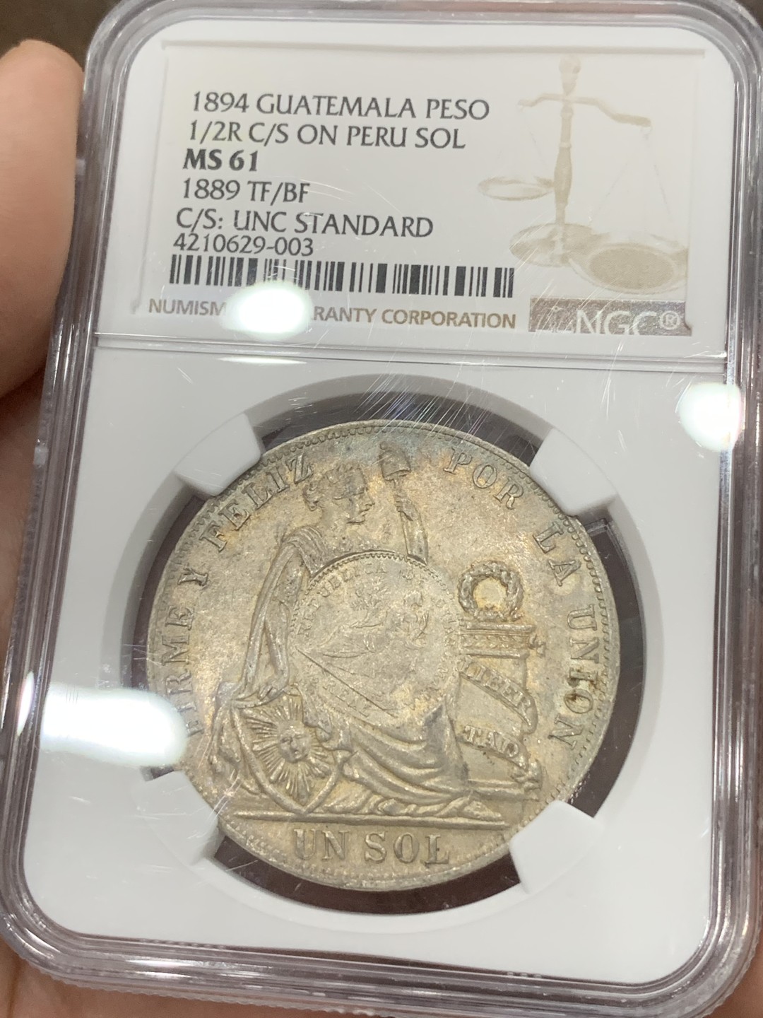 《竞宝斋》第84场-本周日，周一2场连拍（全场不限金额包邮） NGC-MS61 1894年 危地马拉加盖 秘鲁索尔 银币 热门南美 少见加盖 涨势不错