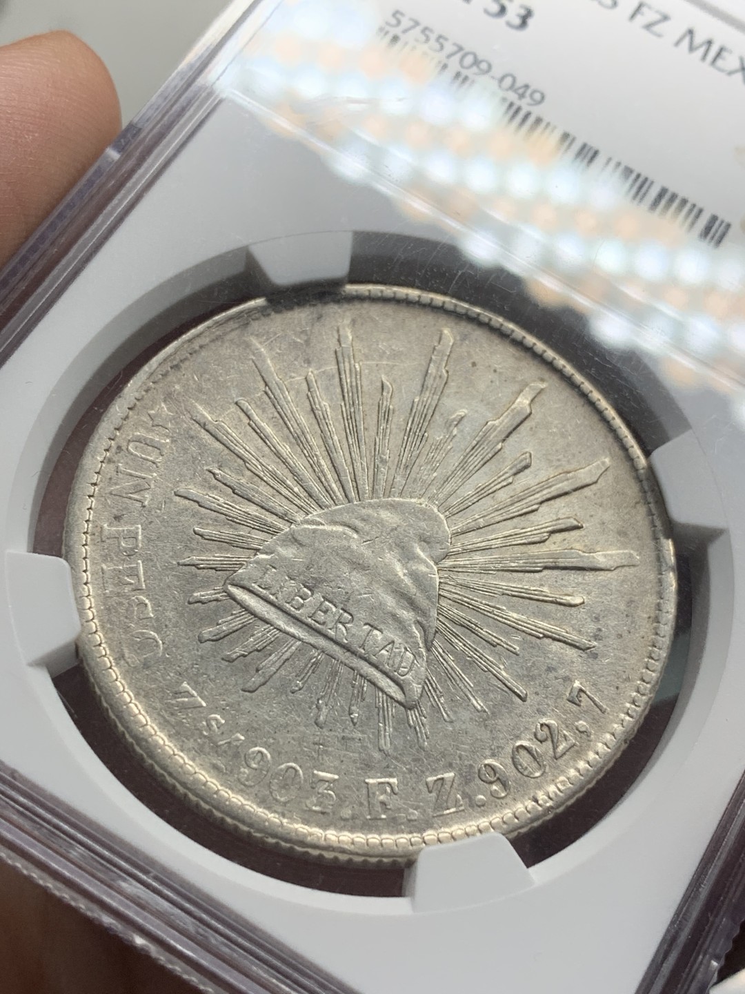 《竞宝斋》第84场-本周日，周一2场连拍（全场不限金额包邮） NGC AU53 墨西哥 1903/2年 骑字版 直边 鹰洋 银币 状态好 骑字少见