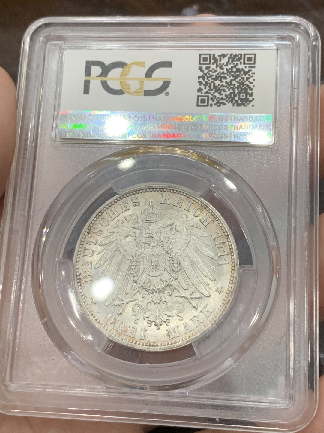 《竞宝斋》第84场-本周日，周一2场连拍（全场不限金额包邮） PCGS MS65 德国1911年 符腾堡环彩金婚3马克银币