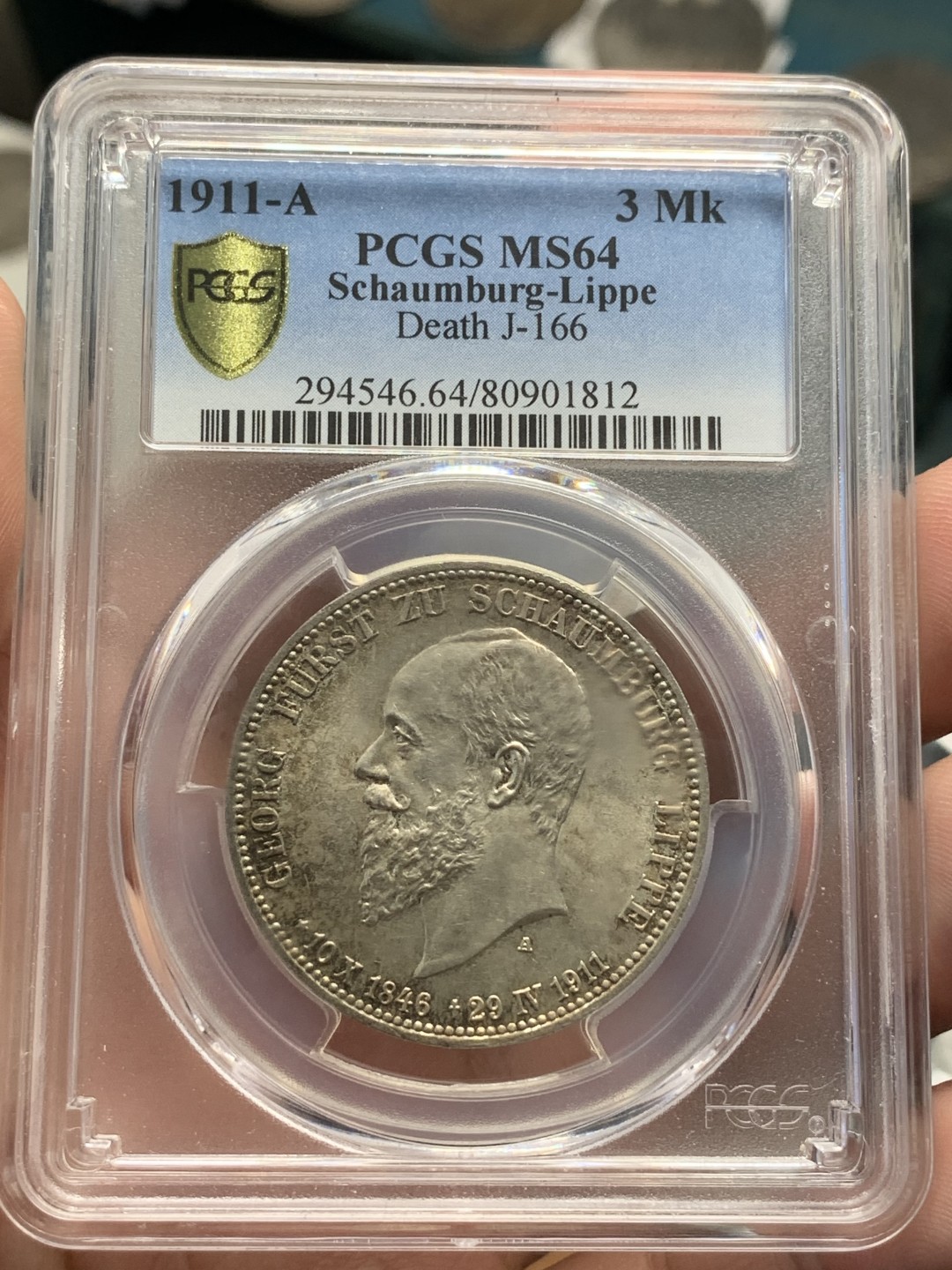 《竞宝斋》第84场-本周日，周一2场连拍（全场不限金额包邮） PCGS-MS64 德国 绍姆堡利珀 1911年 3马克 银币 阿尔布雷科特格奥尔格逝世纪念 黄油彩包浆 