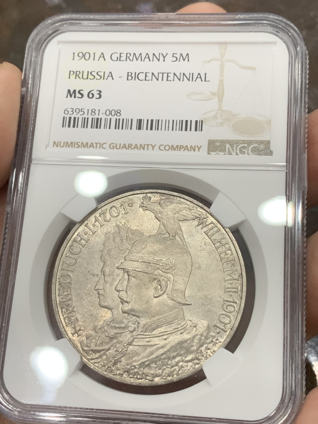 《竞宝斋》第84场-本周日，周一2场连拍（全场不限金额包邮） NGC-MS63 德国普鲁士 1901年 两百周年纪念 5马克大银币 原光带彩