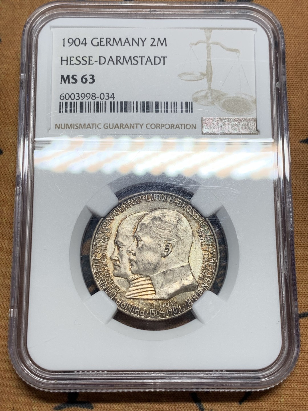 《竞宝斋》第84场-本周日，周一2场连拍（全场不限金额包邮） NGC MS63 德国 1904年 黑森达姆施塔特400周年2马克 银币