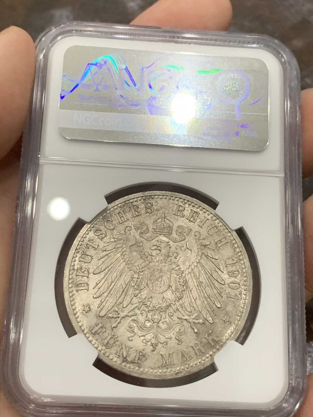 《竞宝斋》第84场-本周日，周一2场连拍（全场不限金额包邮） NGC-MS63 德国普鲁士 1901年 两百周年纪念 5马克大银币 原光带彩