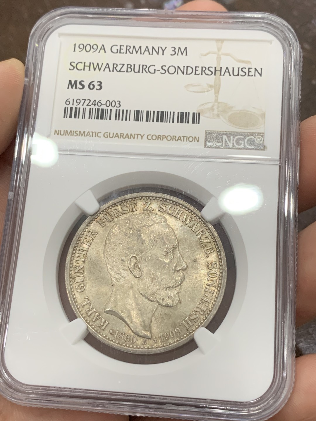 《竞宝斋》第84场-本周日，周一2场连拍（全场不限金额包邮） NGC-MS63 德国 施瓦茨堡松得斯豪森 1909年 3马克 银币 卡尔甘特尔 黄油彩包浆 难得一见