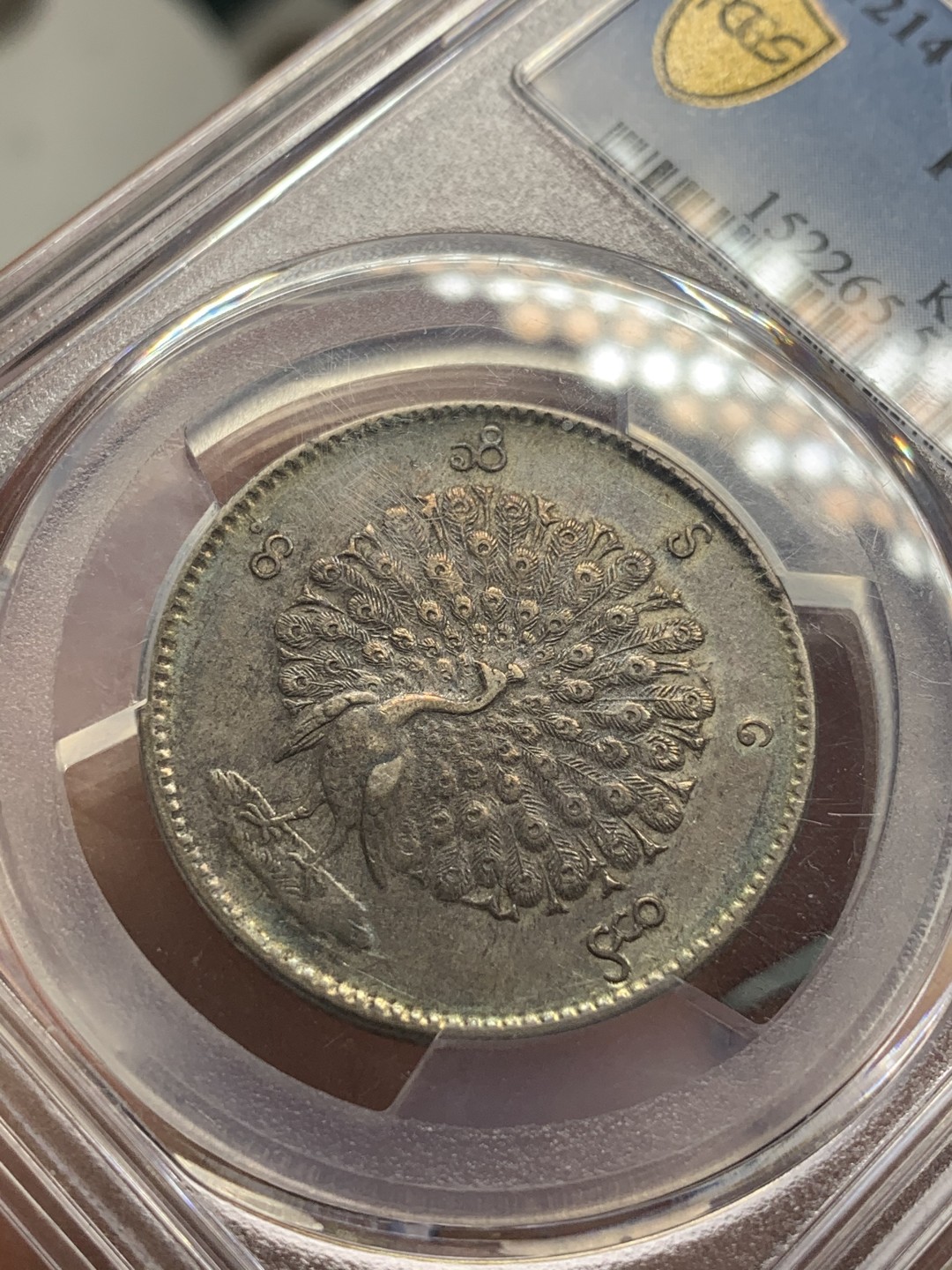《竞宝斋》第84场-本周日，周一2场连拍（全场不限金额包邮） PCGS-53 缅甸1852年五彩孔雀缅元 眼睛极为清晰 羽毛丰满 状态难得，五月SBP50分2万人民币
