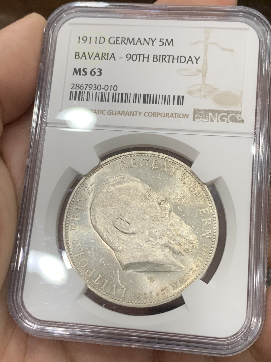 《竞宝斋》第84场-本周日，周一2场连拍（全场不限金额包邮） NGC MS63 1911年 德国巴伐利亚奥波德5马克 银币