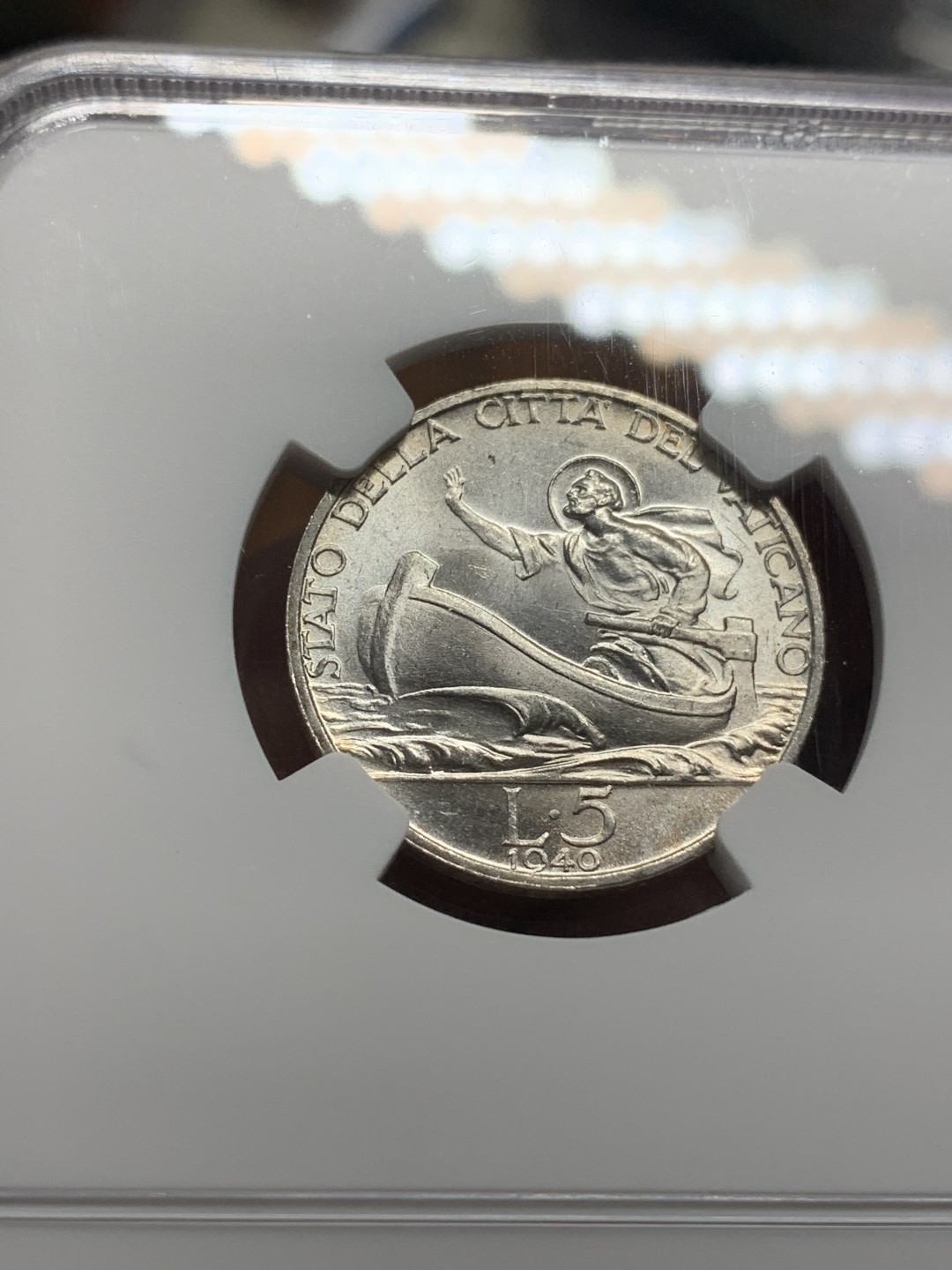 《竞宝斋》第84场-本周日，周一2场连拍（全场不限金额包邮） NGC-MS63 梵蒂冈 1940年 教皇小船5里拉银币 顶级原光好品