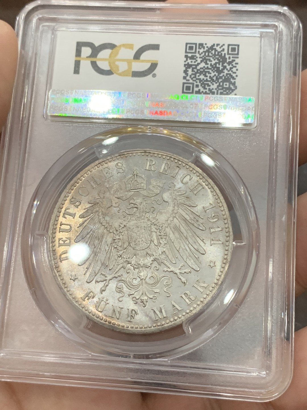 《竞宝斋》第84场-本周日，周一2场连拍（全场不限金额包邮） PCGS-MS65德国 1911年 5马克 巴伐利亚利奥波德 银币 高分底板丝滑肉眼几乎无暇 p盒记录仅比冠军低一分