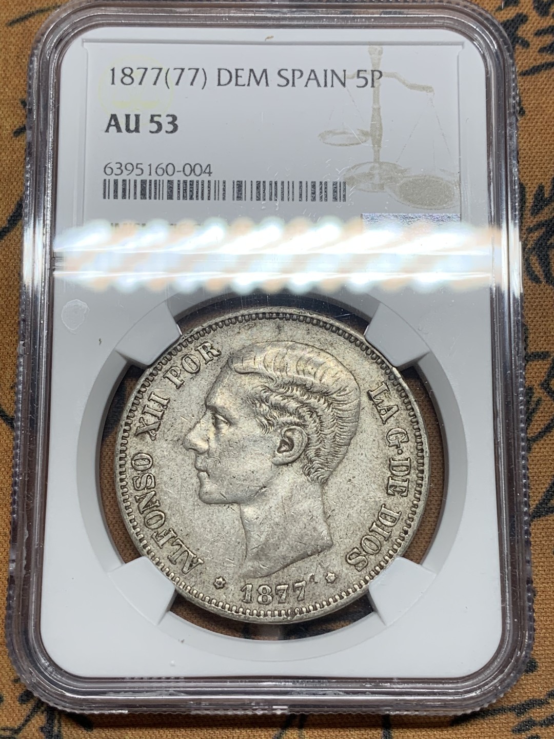 《竞宝斋》第84场-本周日，周一2场连拍（全场不限金额包邮） NGC-AU53 西班牙1877年 阿方索十二世 双柱5比塞塔大银币 细节一流 带底光 更高分只有个位数