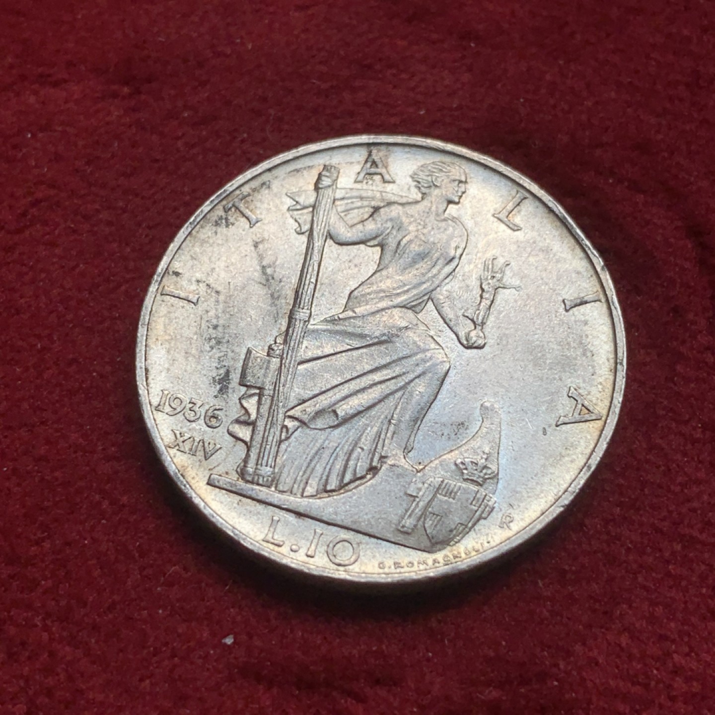 《竞宝斋》第84场-本周日，周一2场连拍（全场不限金额包邮） 意大利1936年 10里拉美女银币 原光好品 可以自己送评