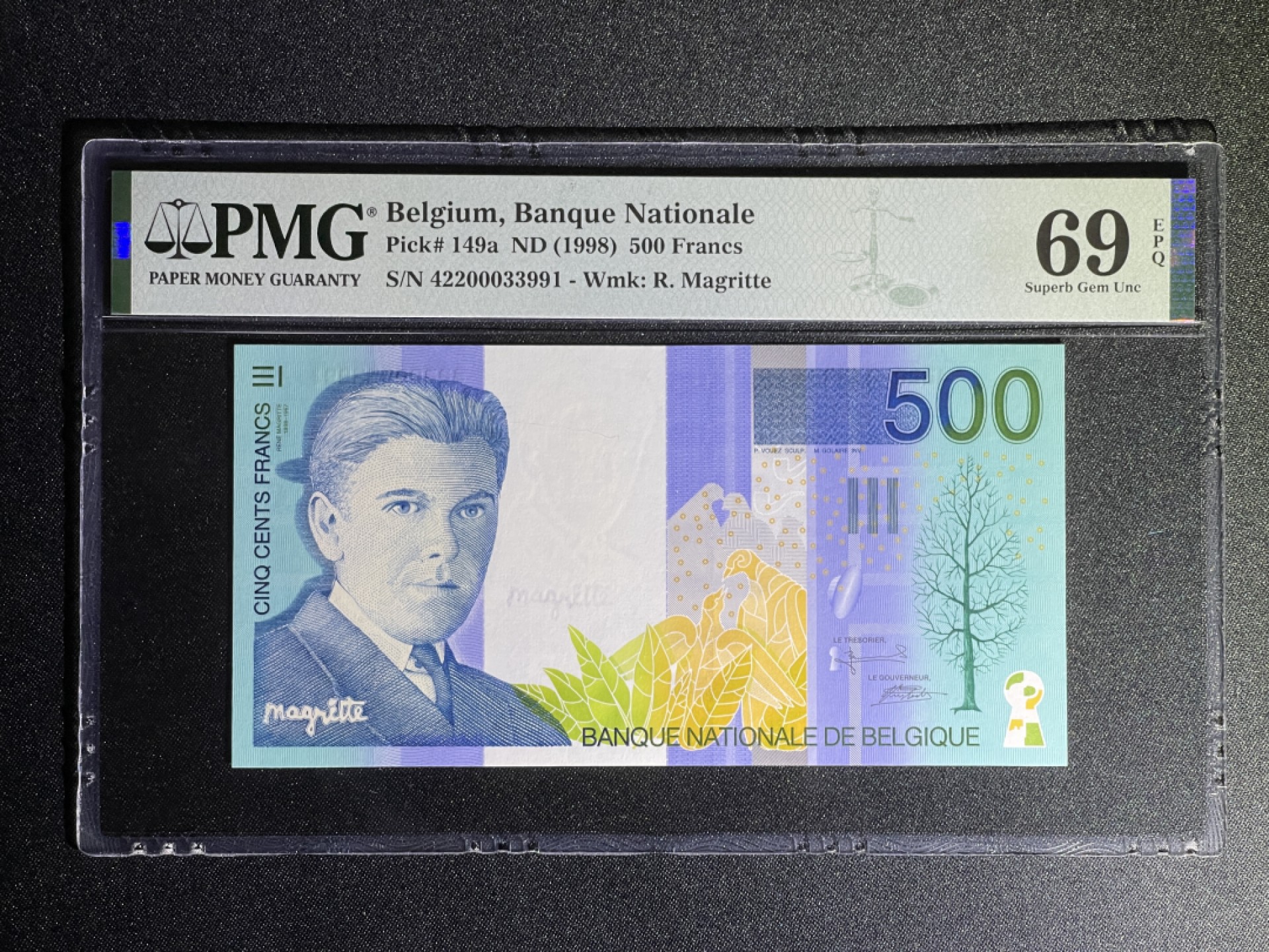 《张总收藏》68期——冠军分 比利时500法郎 PMG69E P-149a 比利时画家马格里特