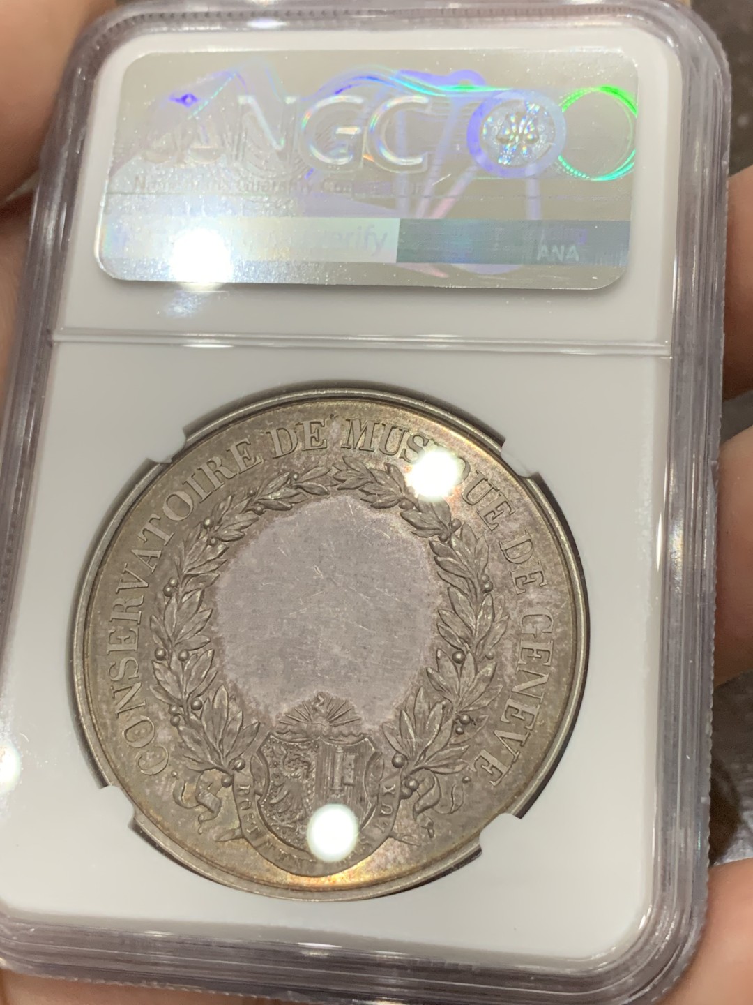 《竞宝斋》第84场-本周日，周一2场连拍（全场不限金额包邮） NGC MS63瑞士19世纪末 日内瓦音乐学院景观银章 41mm 大规格