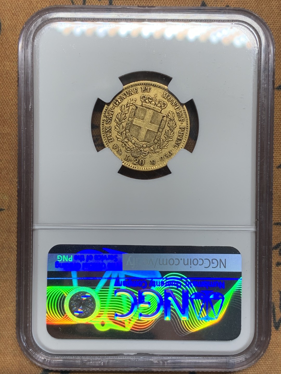 《竞宝斋》第84场-本周日，周一2场连拍（全场不限金额包邮） NGC-AU50 意大利撒丁岛 1858年 20里拉金币 非常少见的品种