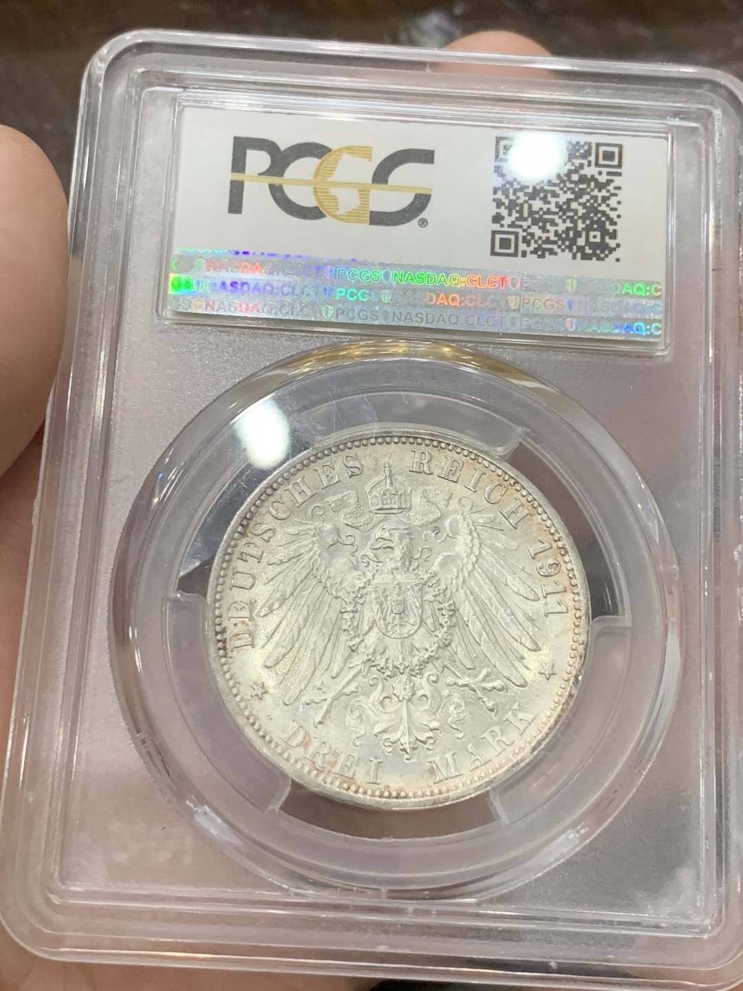 《竞宝斋》第84场-本周日，周一2场连拍（全场不限金额包邮） PCGS MS65 德国1911年 符腾堡环彩金婚3马克银币