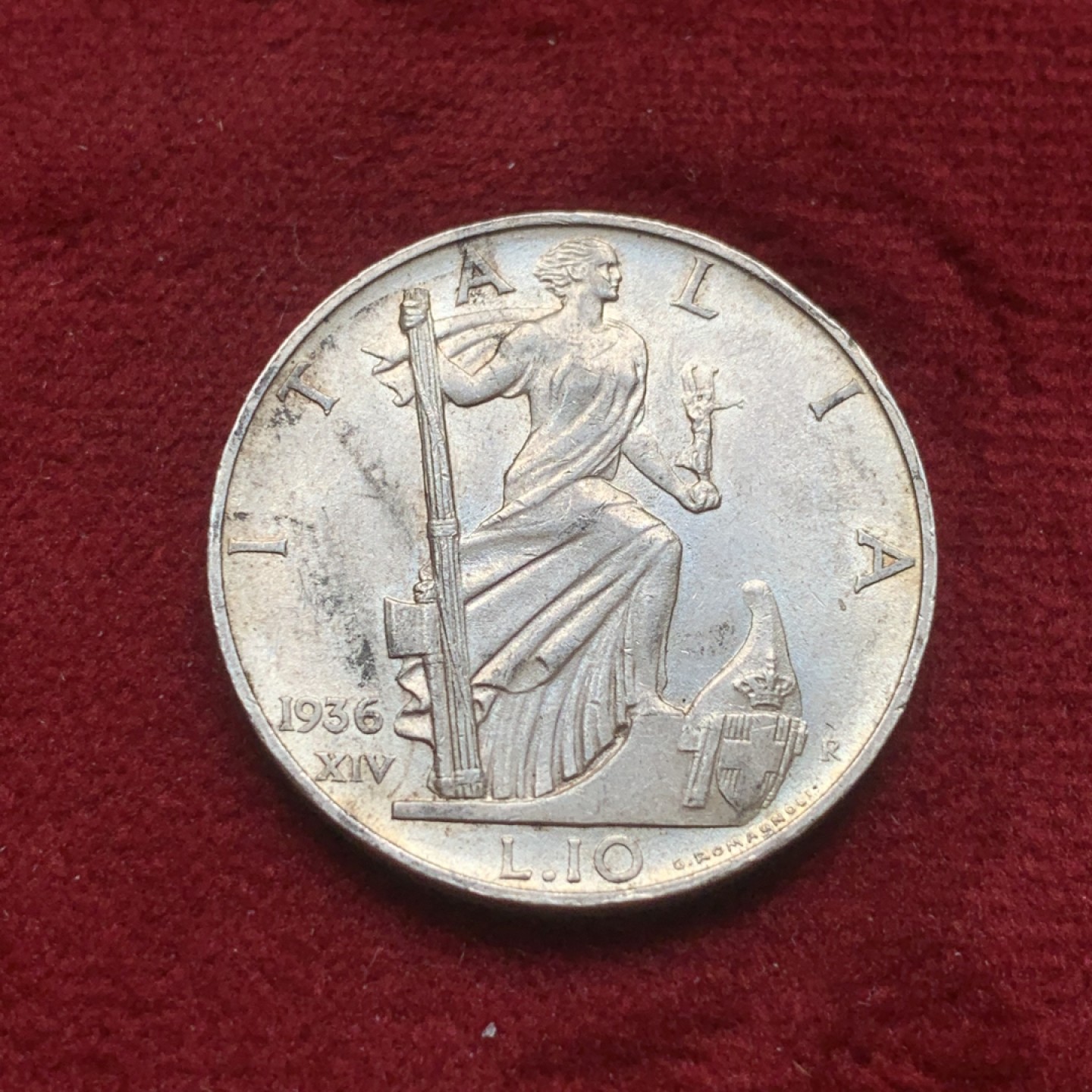 《竞宝斋》第84场-本周日，周一2场连拍（全场不限金额包邮） 意大利1936年 10里拉美女银币 原光好品 可以自己送评