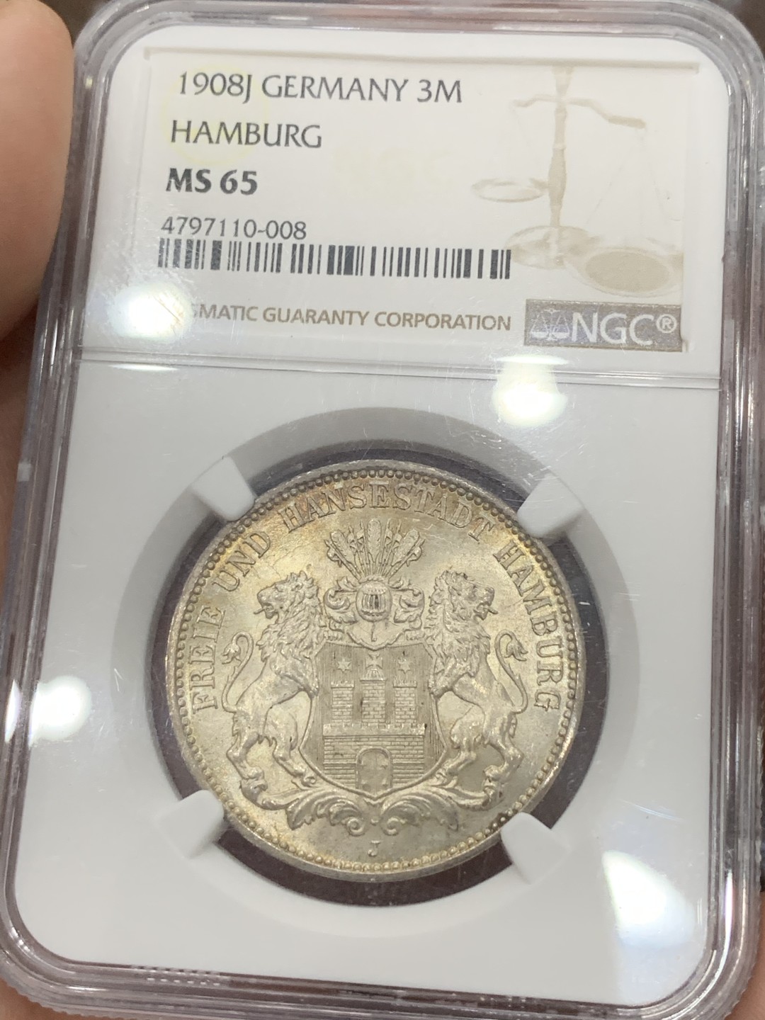 《竞宝斋》第84场-本周日，周一2场连拍（全场不限金额包邮） NGC-MS65 德国 1908年J版汉堡3马克。精美高分一步到位。