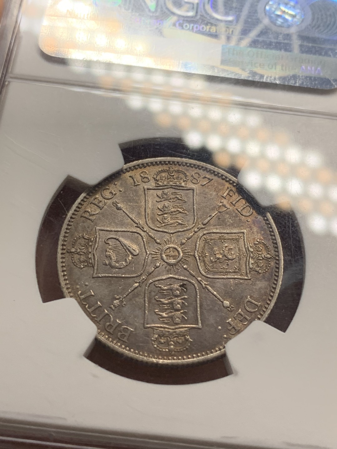 《竞宝斋》第84场-本周日，周一2场连拍（全场不限金额包邮） NGC AU53 英国 维多利亚女王 1887年 福林 银币 原味包浆