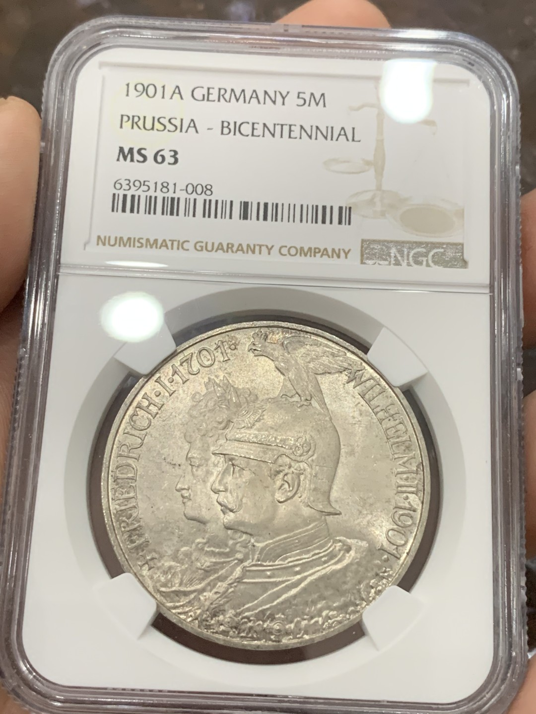 《竞宝斋》第84场-本周日，周一2场连拍（全场不限金额包邮） NGC-MS63 德国普鲁士 1901年 两百周年纪念 5马克大银币 原光带彩