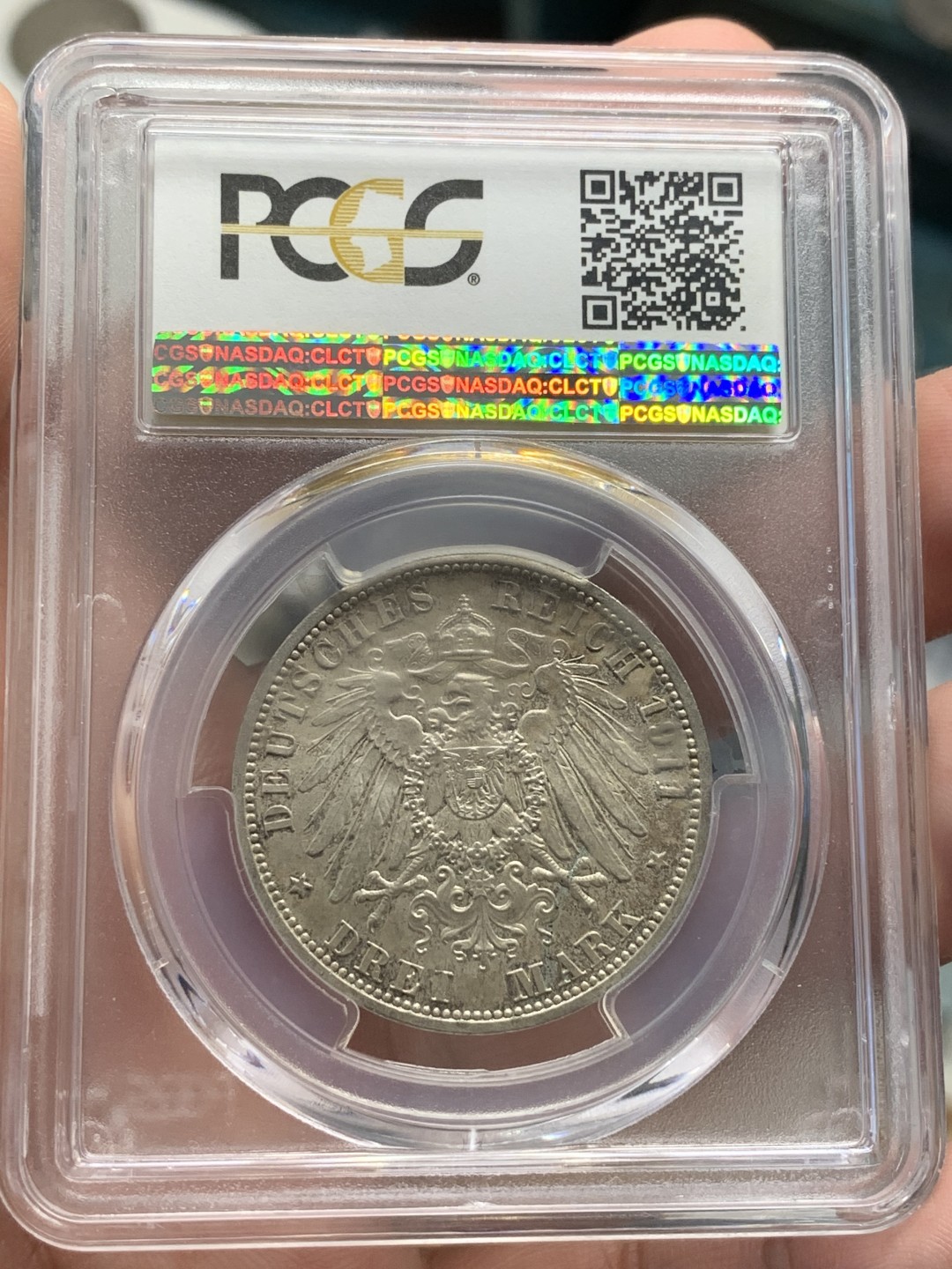《竞宝斋》第84场-本周日，周一2场连拍（全场不限金额包邮） PCGS-MS64 德国 绍姆堡利珀 1911年 3马克 银币 阿尔布雷科特格奥尔格逝世纪念 黄油彩包浆 