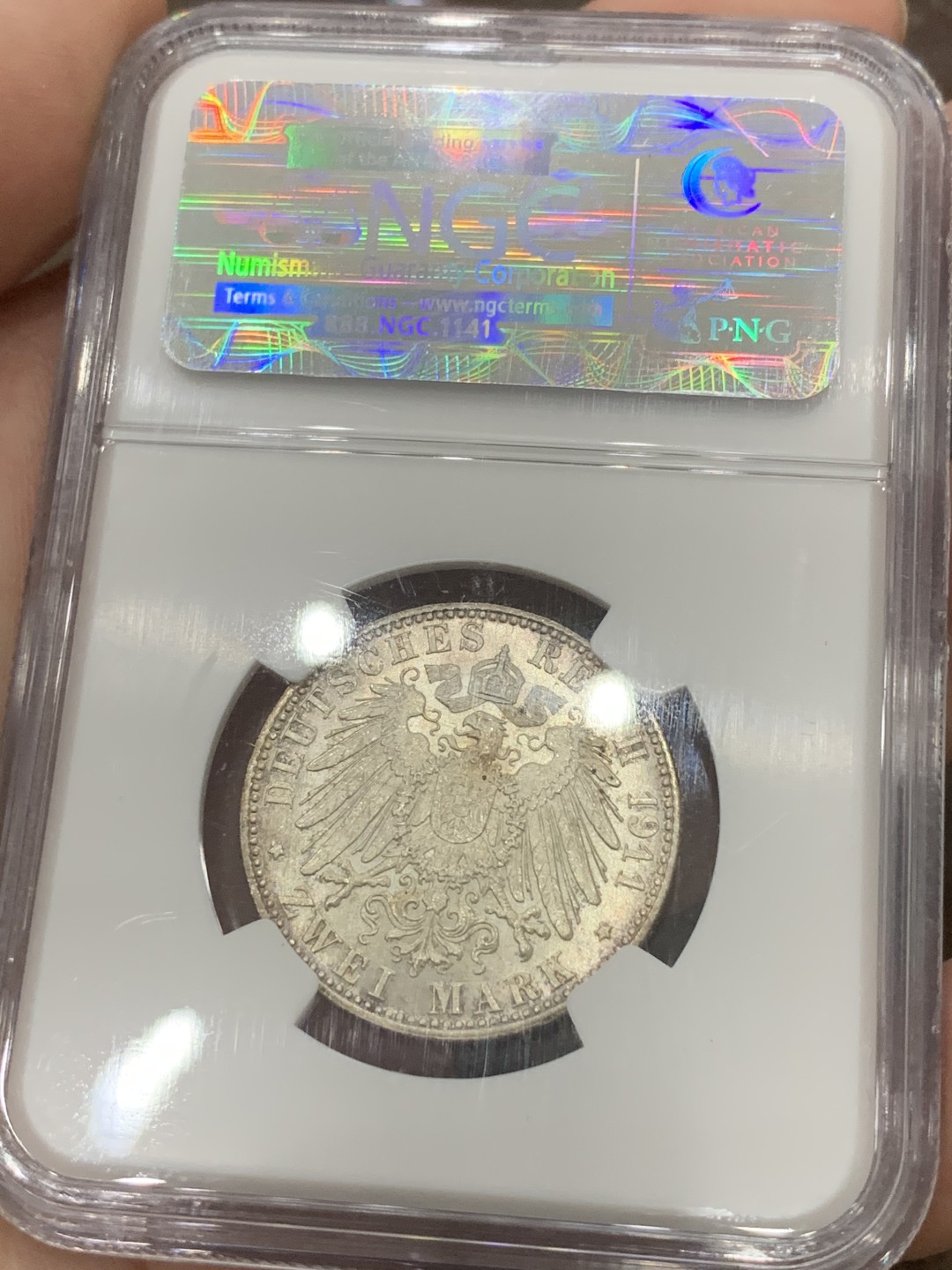 《竞宝斋》第84场-本周日，周一2场连拍（全场不限金额包邮） NGC MS65 1911年 德国巴伐利亚奥波德2马克 银币