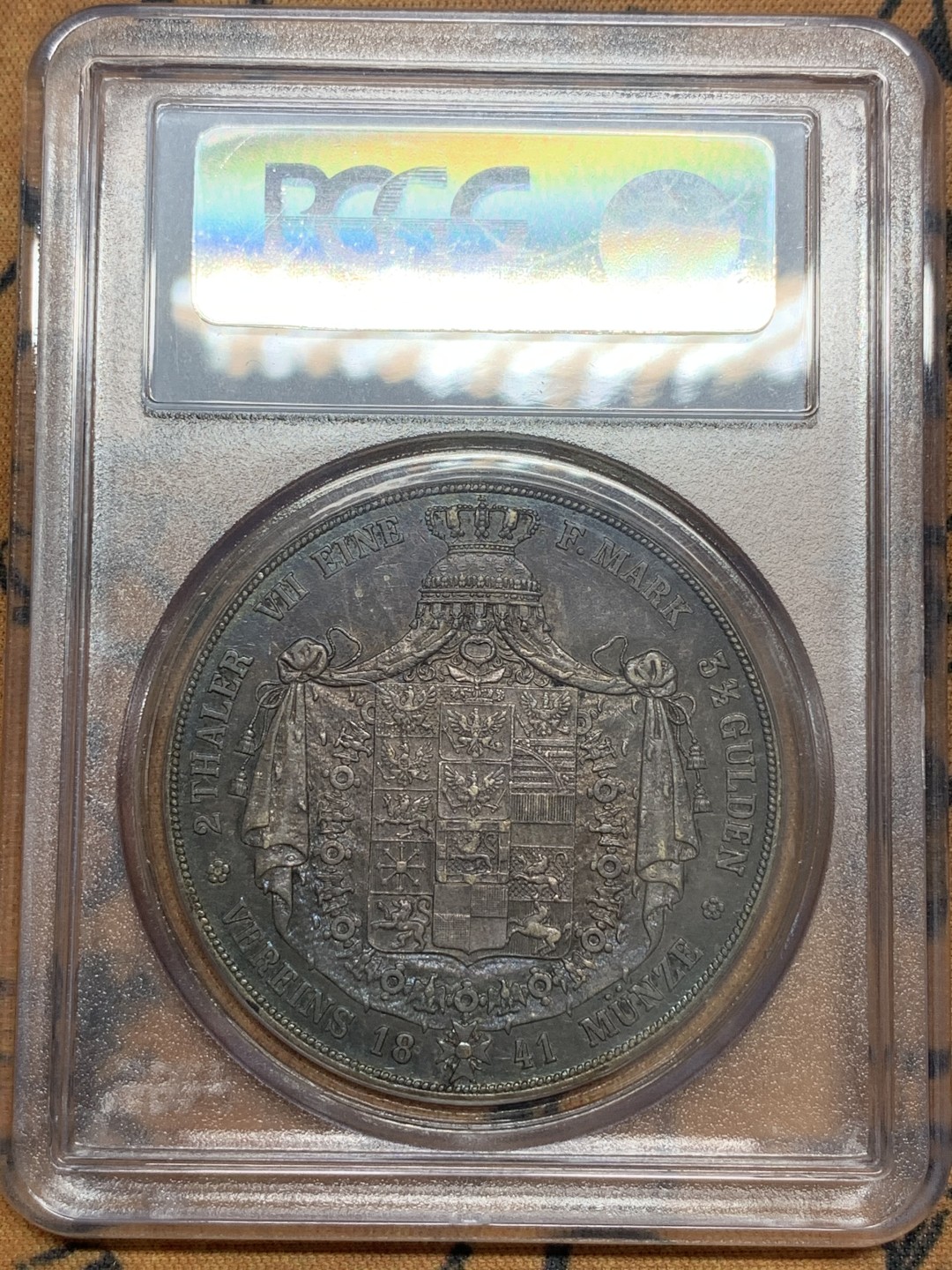 《竞宝斋》第84场-本周日，周一2场连拍（全场不限金额包邮） PCGS-AU53德国 1841年 2泰勒 普鲁士威廉四世窗帘泰勒 银币 早期威廉四世头像 好品比后期少很多 侧光双面紫包浆状态无敌好看